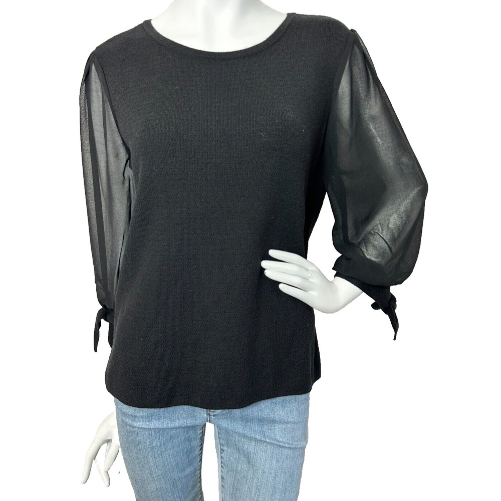Chicos 2P Large Petite Pointelle Knit Sweater Black Sheer Chiffon Bow Sleeve Top